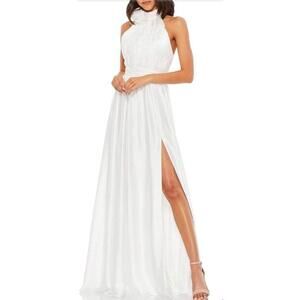 Mac Duggal 49333 White Soft Tie Halter Neck High Slit Gown, Size 24  MSRP $398